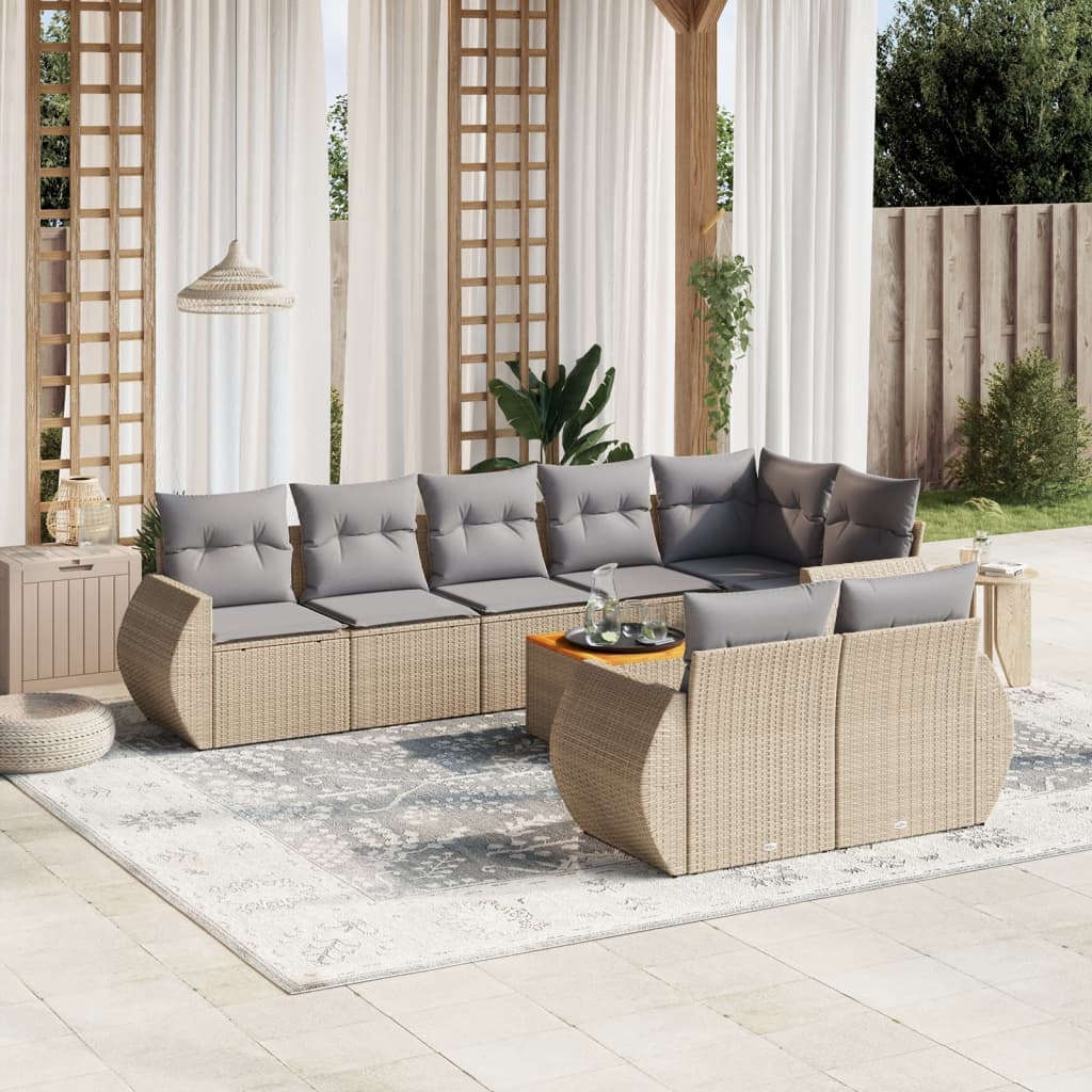 vidaXL 9-tlg. Garten-Sofagarnitur mit Kissen Beige Poly Rattan