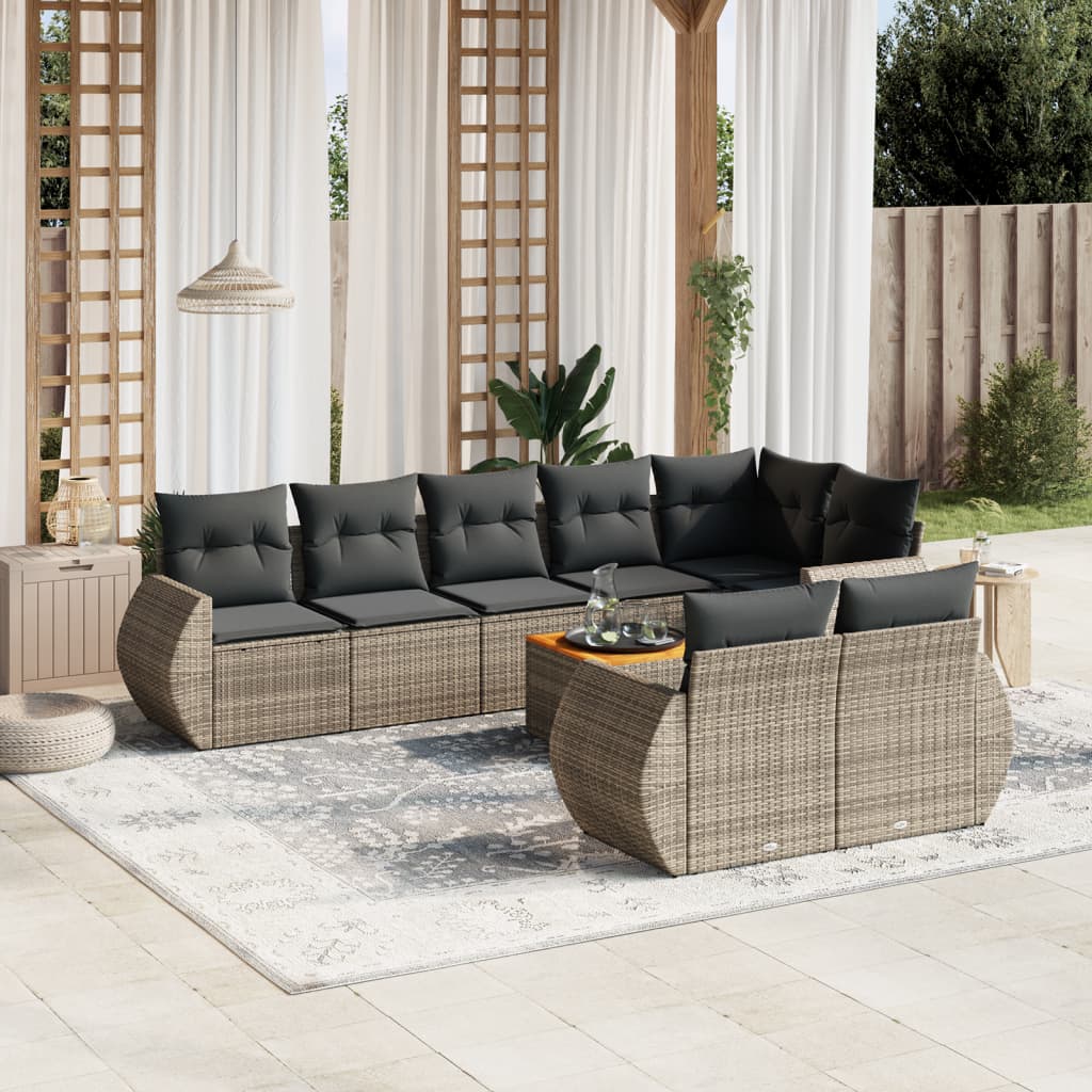 vidaXL 9-tlg. Garten-Sofagarnitur mit Kissen Grau Poly Rattan