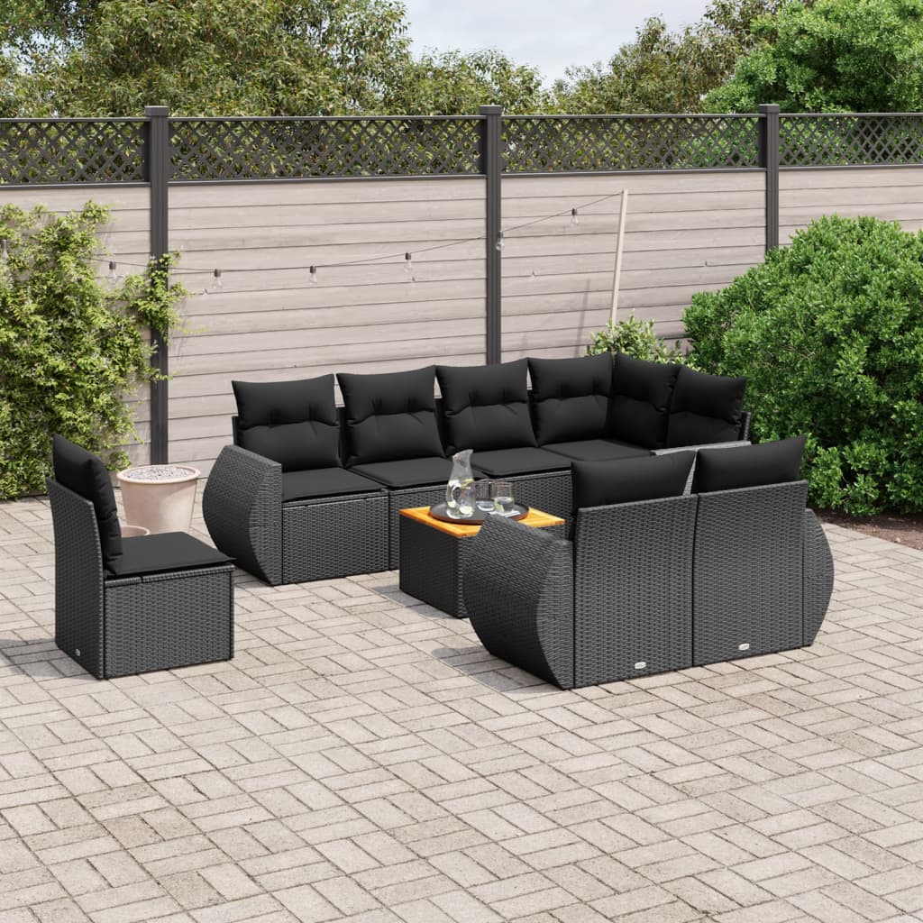 vidaXL 9-tlg. Garten-Sofagarnitur mit Kissen Schwarz Poly Rattan