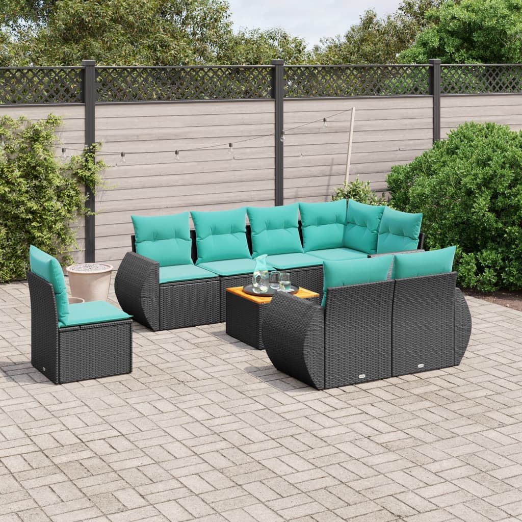 vidaXL 9-teiliges Gartensofa-Set mit Kissen, schwarzes Polyrattan