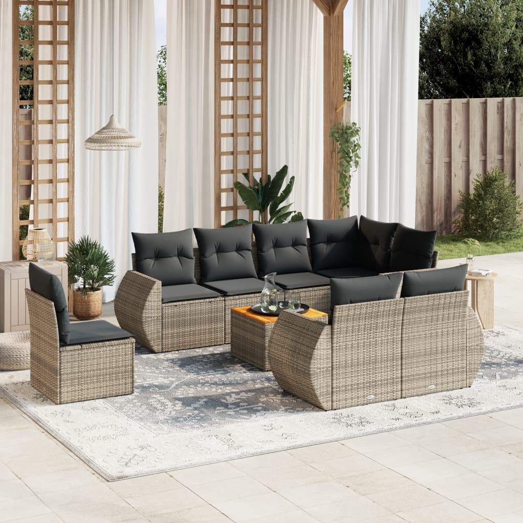 vidaXL 9-tlg. Garten-Sofagarnitur mit Kissen Grau Poly Rattan