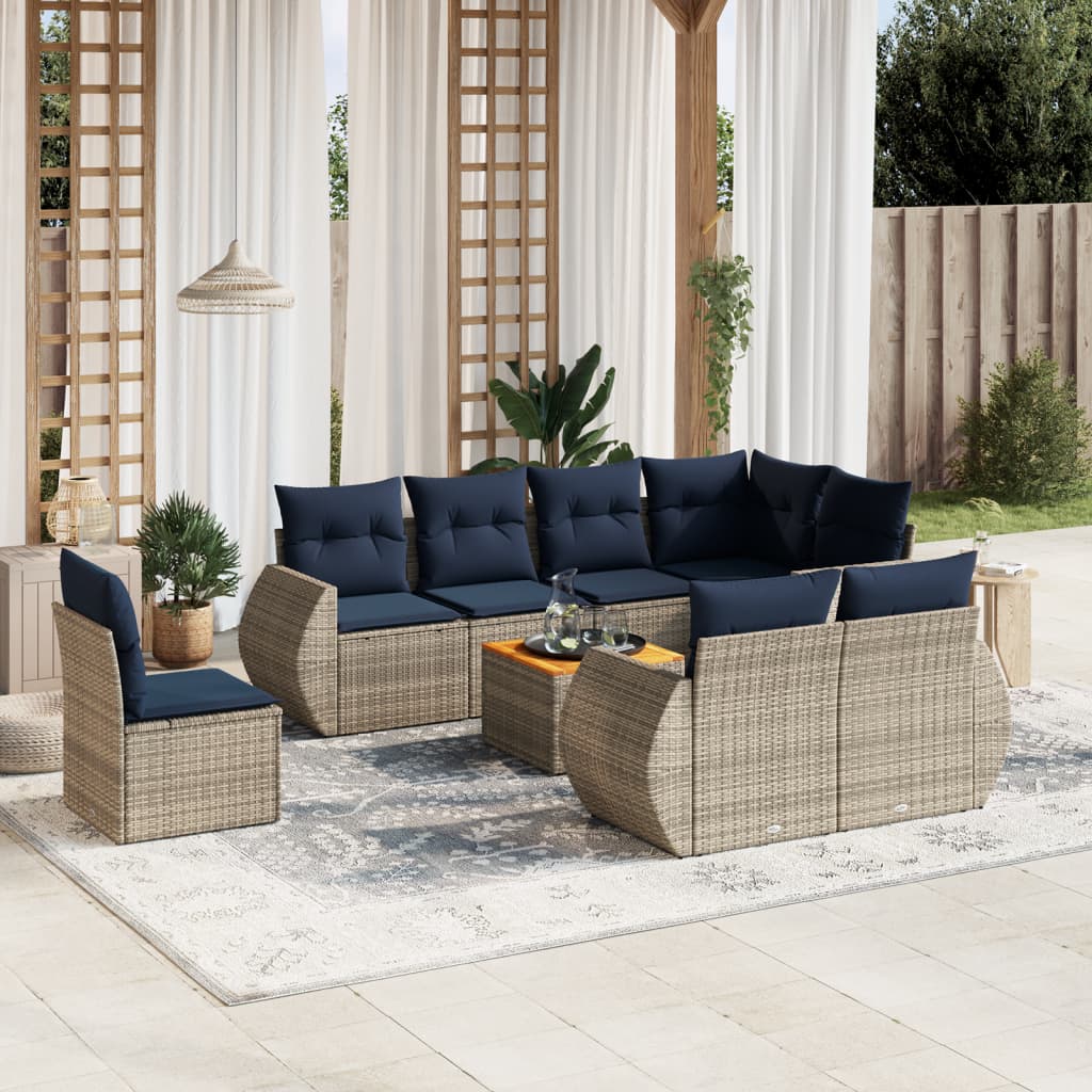 Havesofasæt i grå polyrattan - 9 dele med marineblå hynder