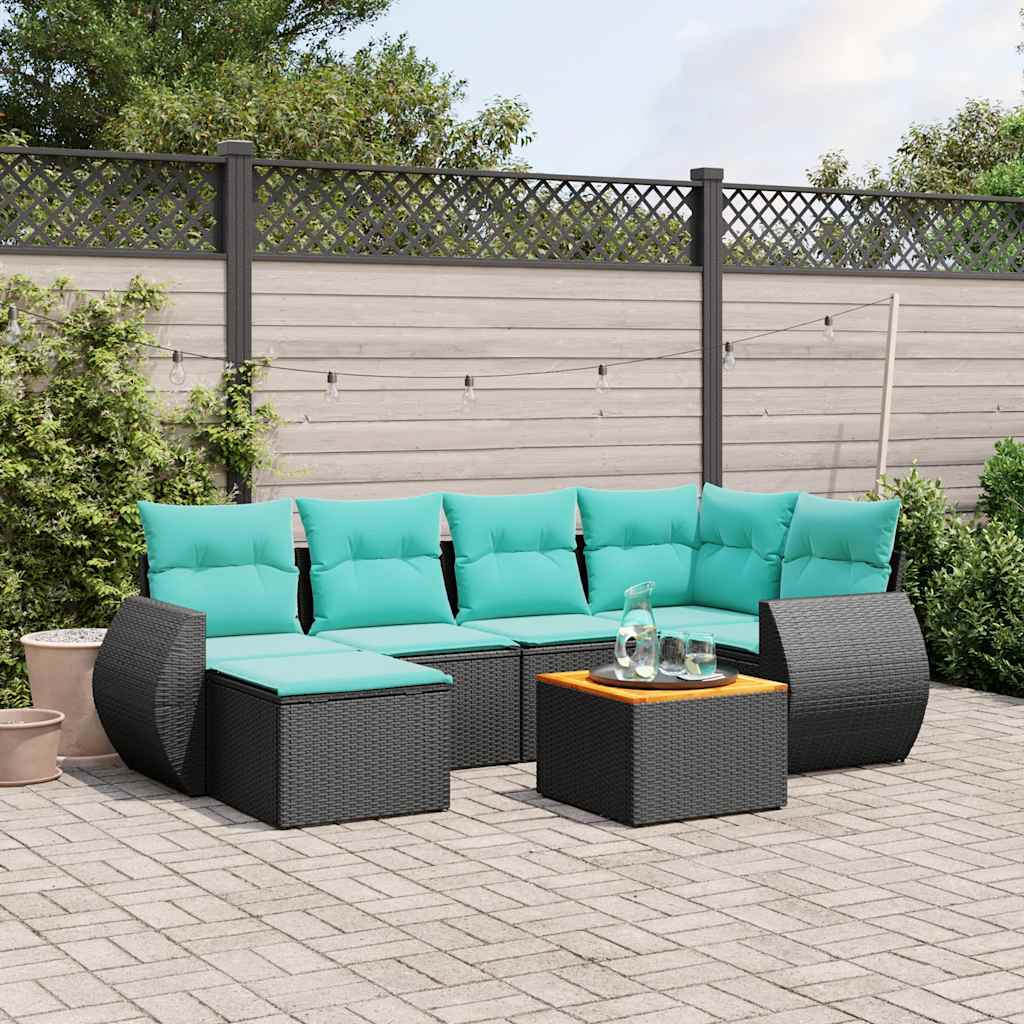 Havesofasæt i sort polyrattan med 7 blå hynder - modulært loungesæt