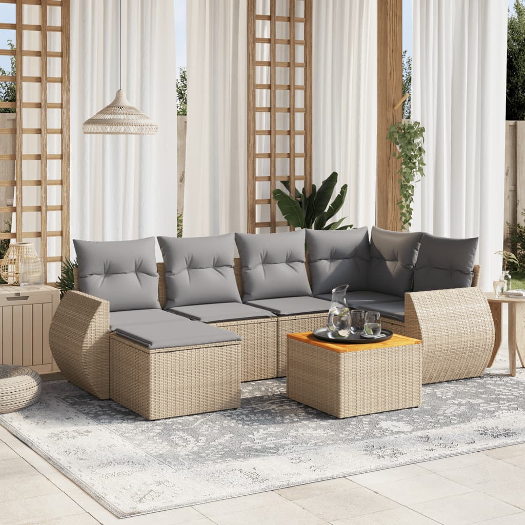 vidaXL 7-tlg. Garten-Sofagarnitur mit Kissen Beige Poly Rattan