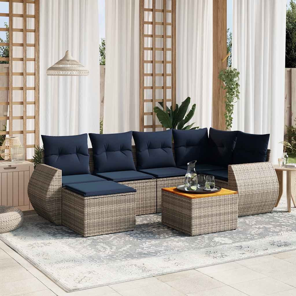 Havesofasæt i grå polyrattan - 7 dele med marineblå hynder