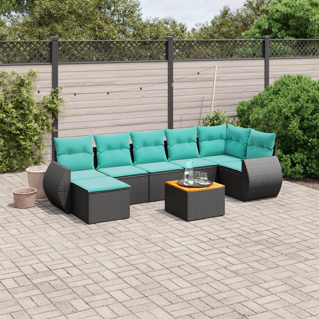 vidaXL 8-teiliges Gartensofa-Set mit Kissen, schwarzes Polyrattan