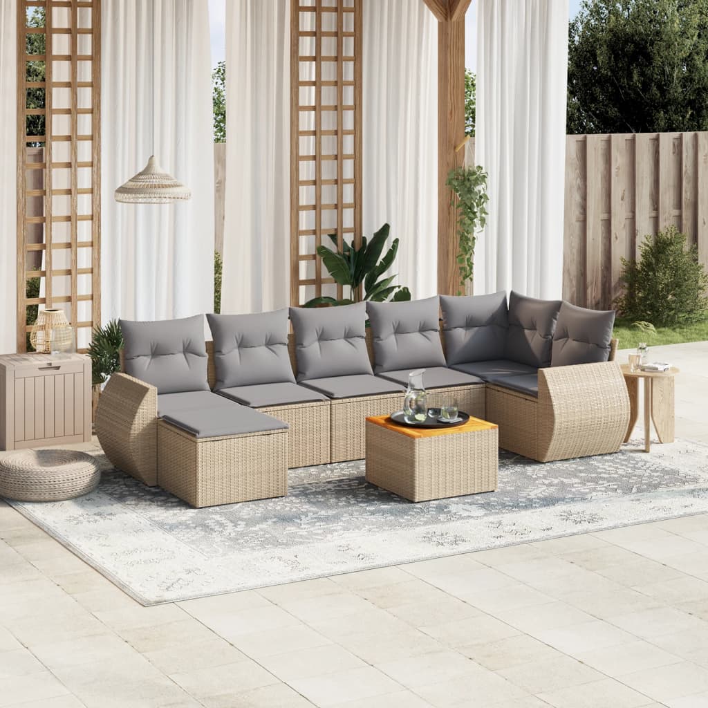 8-tlg. Garten-Sofagarnitur mit Kissen Beige Poly Rattan