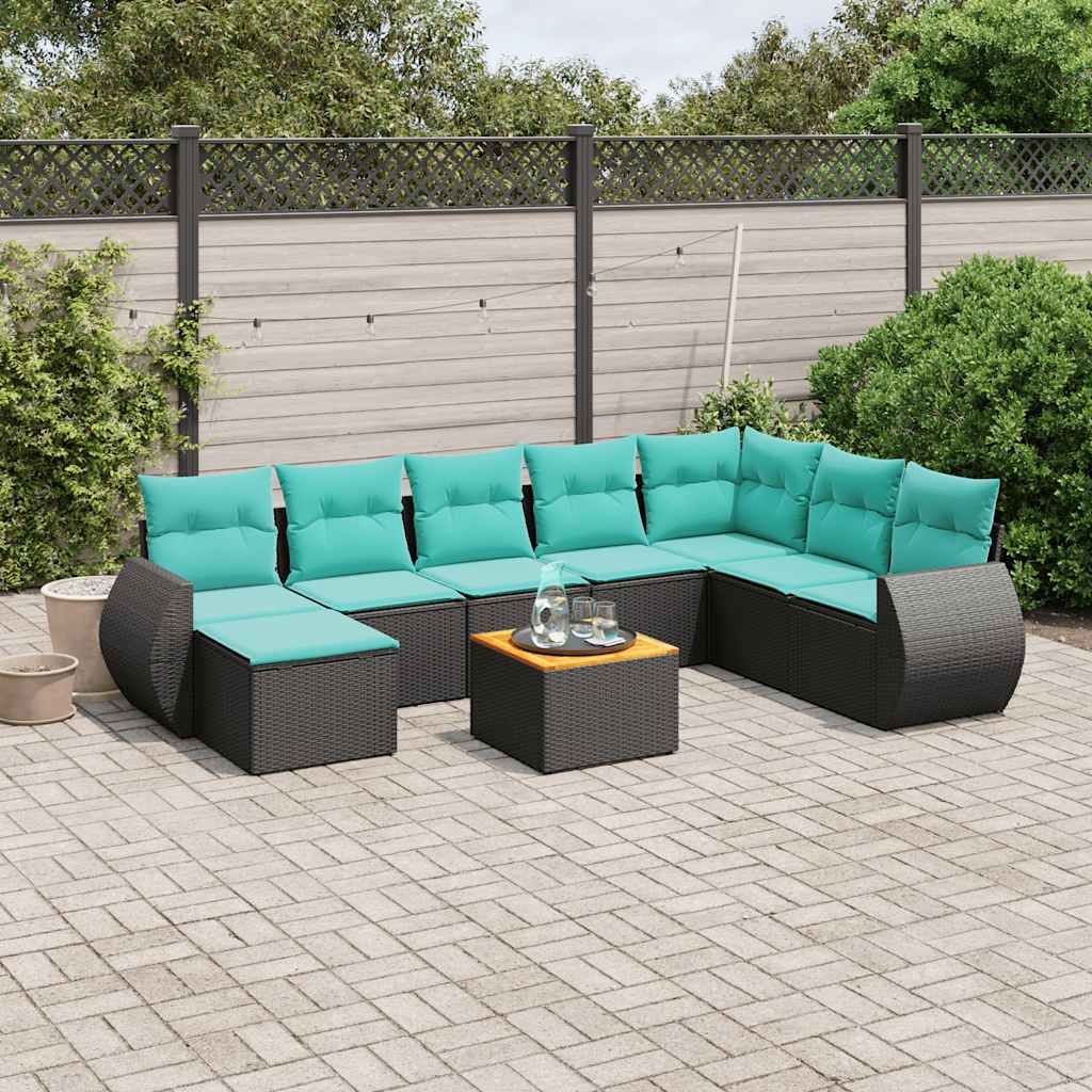 vidaXL 9-teiliges Gartensofa-Set mit Kissen, schwarzes Polyrattan