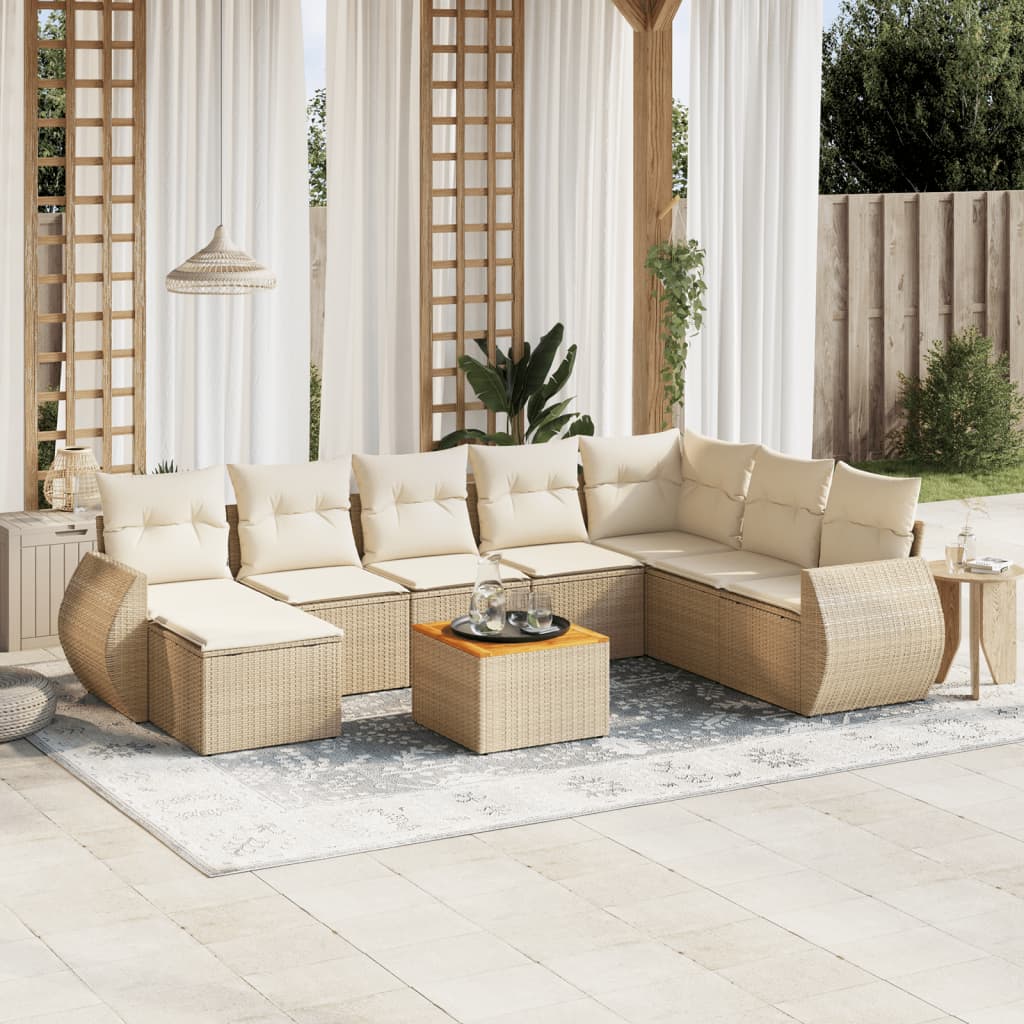 9-tlg. Garten-Sofagarnitur mit Kissen Beige Poly Rattan