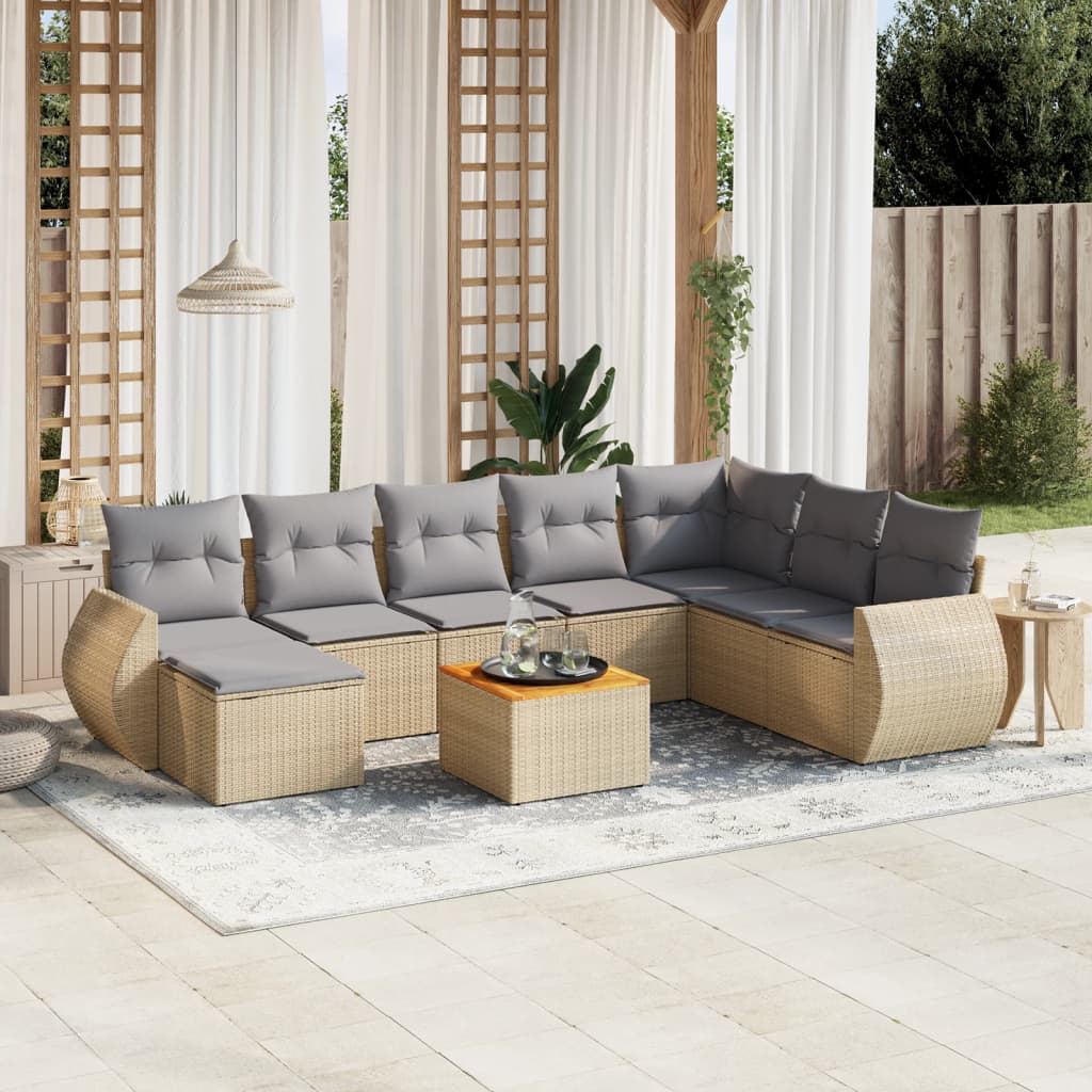 9-tlg. Garten-Sofagarnitur mit Kissen Beige Poly Rattan