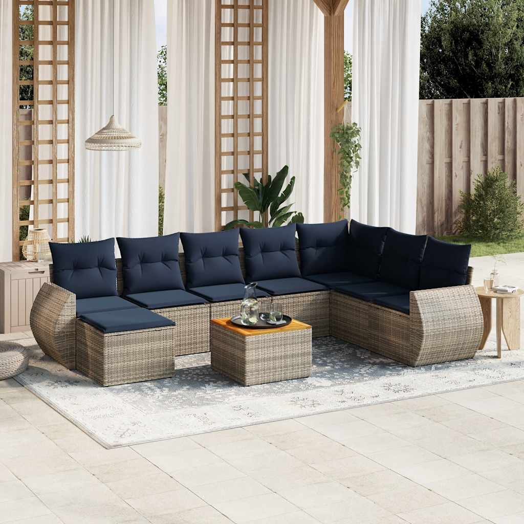 Havesofasæt i grå polyrattan med hynder - 9 dele, modulært loungesæt