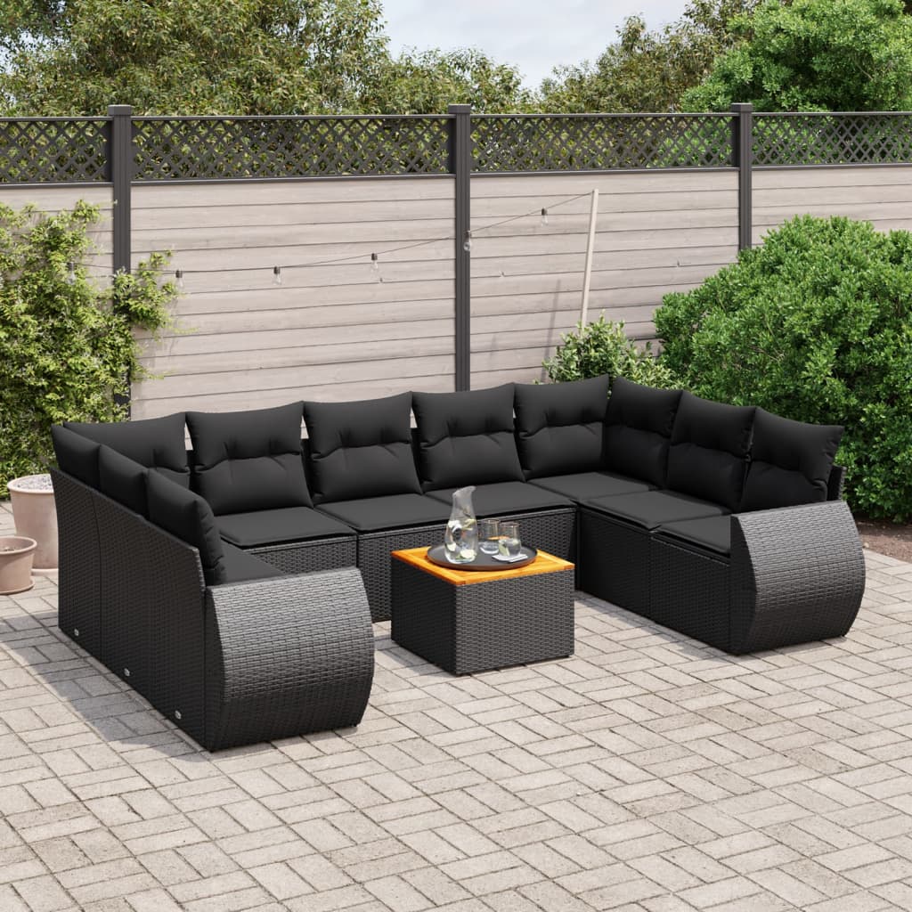 vidaXL 10-tlg. Garten-Sofagarnitur mit Kissen Schwarz Poly Rattan