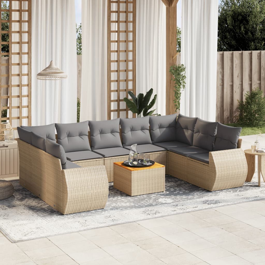 vidaXL 10-tlg. Garten-Sofagarnitur mit Kissen Beige Poly Rattan