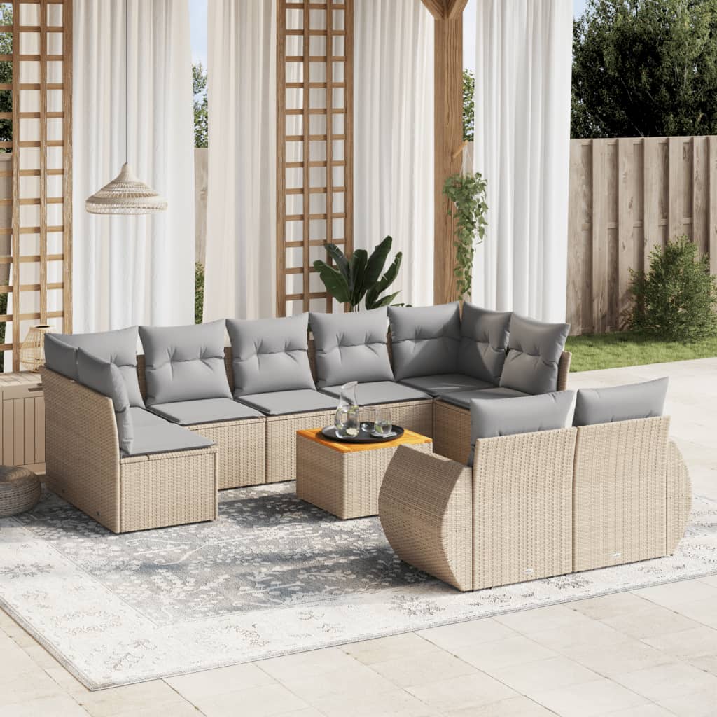 vidaXL 10-tlg. Garten-Sofagarnitur mit Kissen Beige Poly Rattan