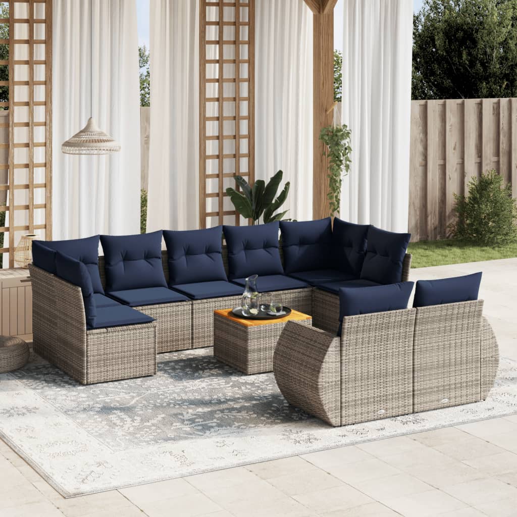 vidaXL 10-teiliges Gartensofa-Set mit Kissen, grau, Polyrattan