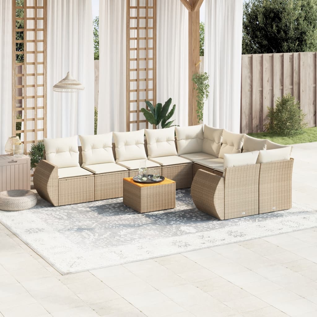 vidaXL 10-tlg. Garten-Sofagarnitur mit Kissen Beige Poly Rattan