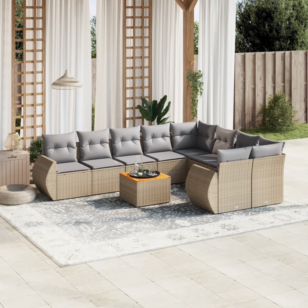 vidaXL 10-tlg. Garten-Sofagarnitur mit Kissen Beige Poly Rattan