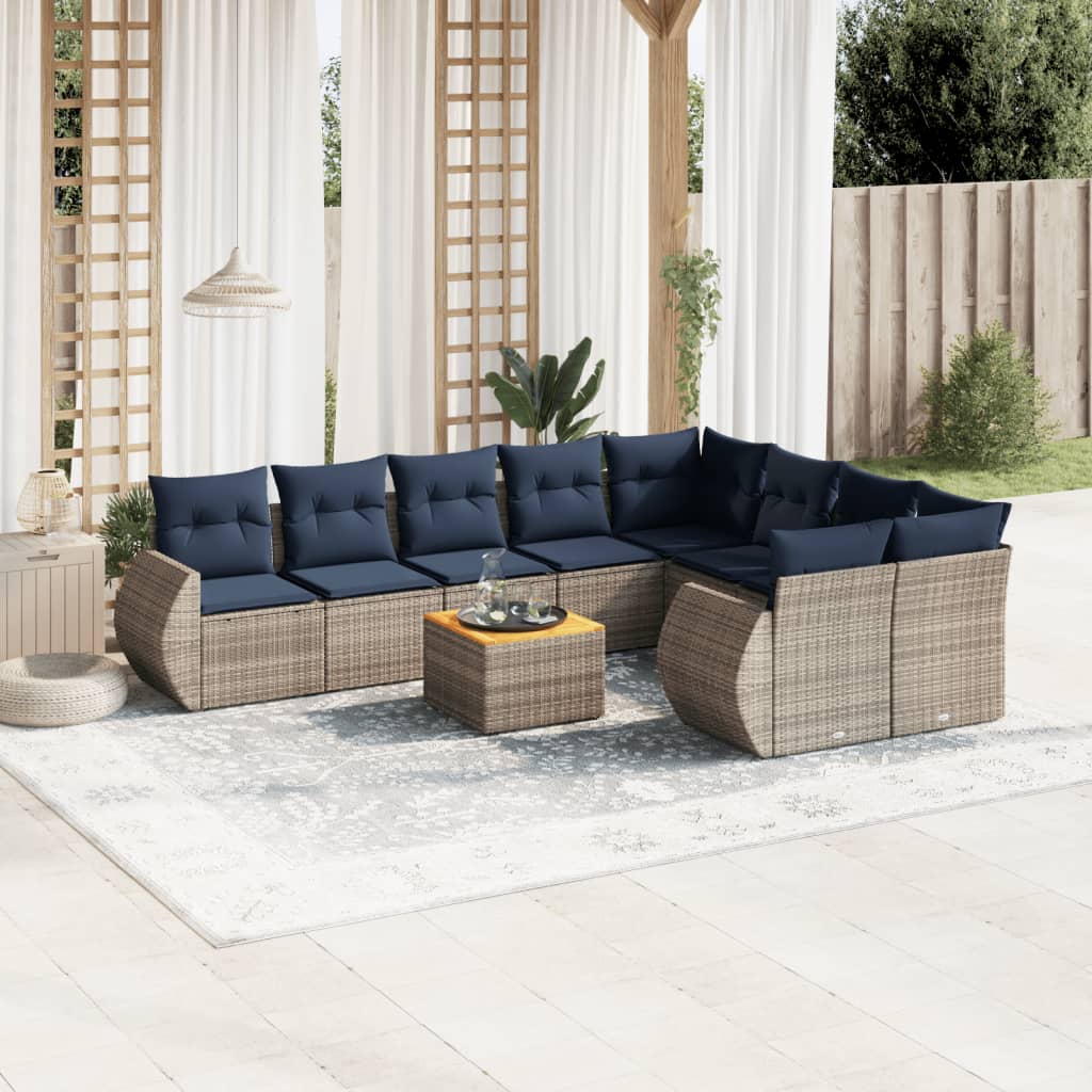 vidaXL 10-teiliges Gartensofa-Set mit Kissen, grau, Polyrattan