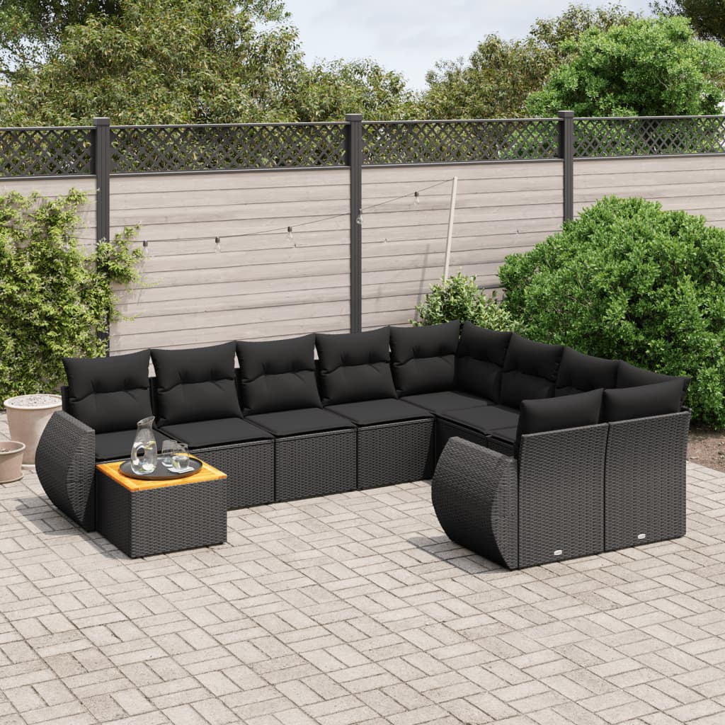 vidaXL 10-tlg. Garten-Sofagarnitur mit Kissen Schwarz Poly Rattan