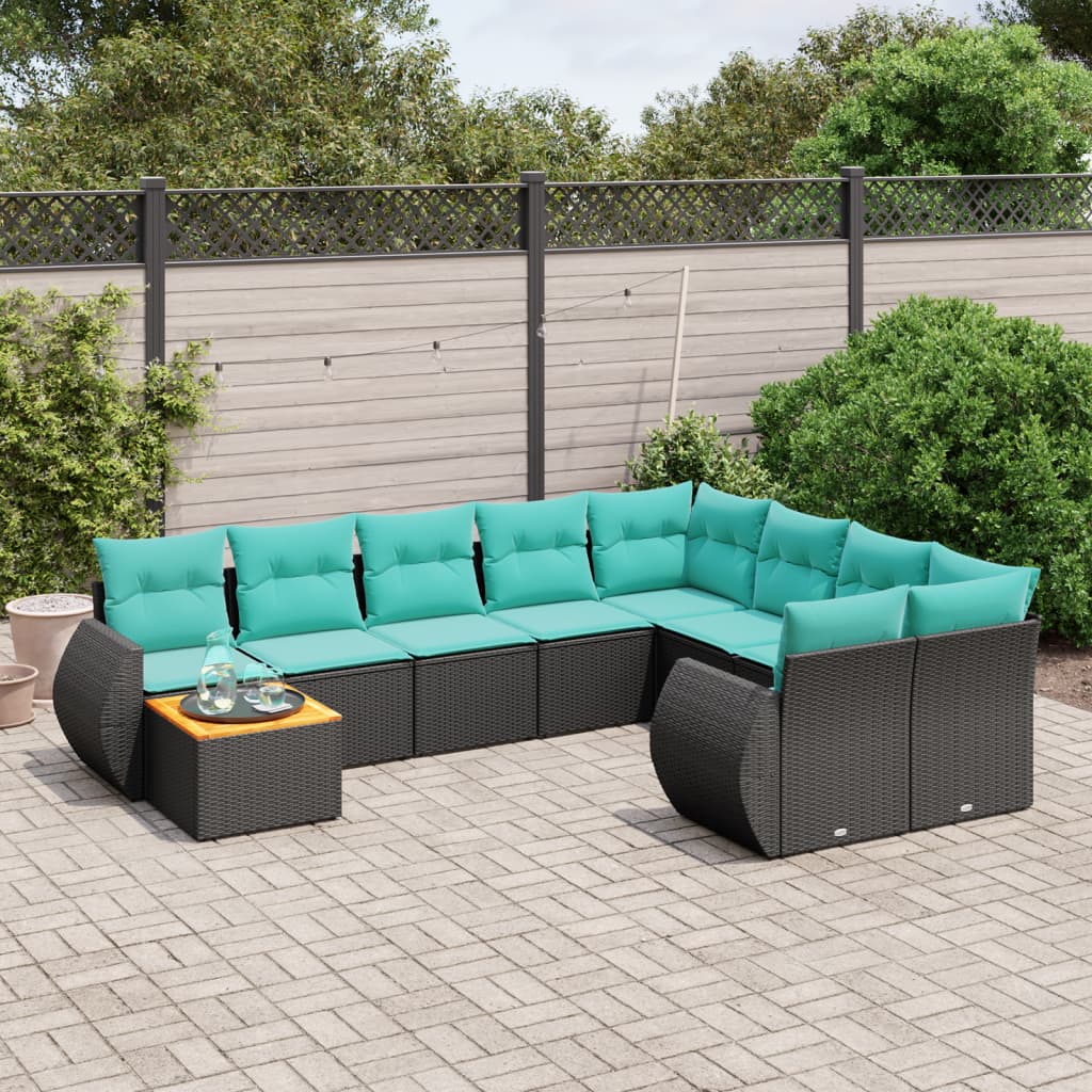 vidaXL 10-teiliges Gartensofa-Set mit Kissen, schwarzes Polyrattan
