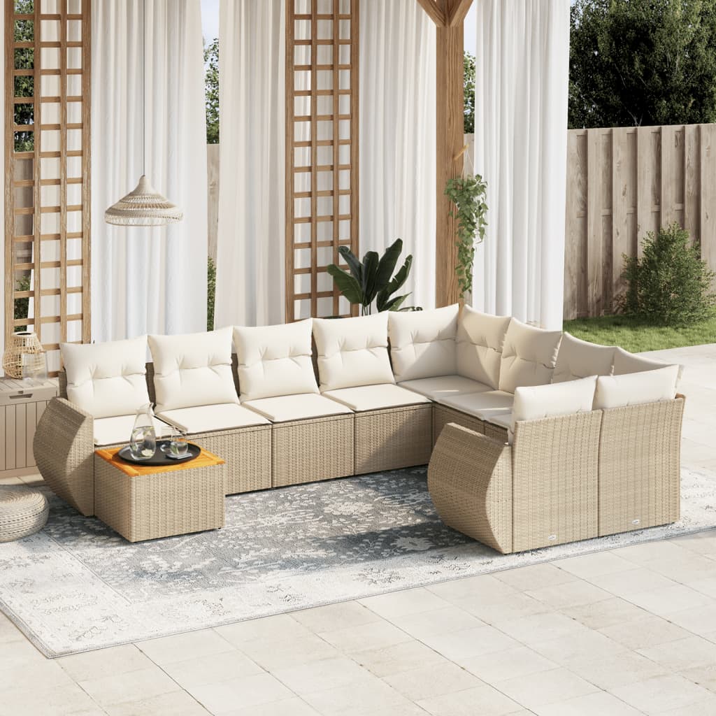 vidaXL 10-tlg. Garten-Sofagarnitur mit Kissen Beige Poly Rattan