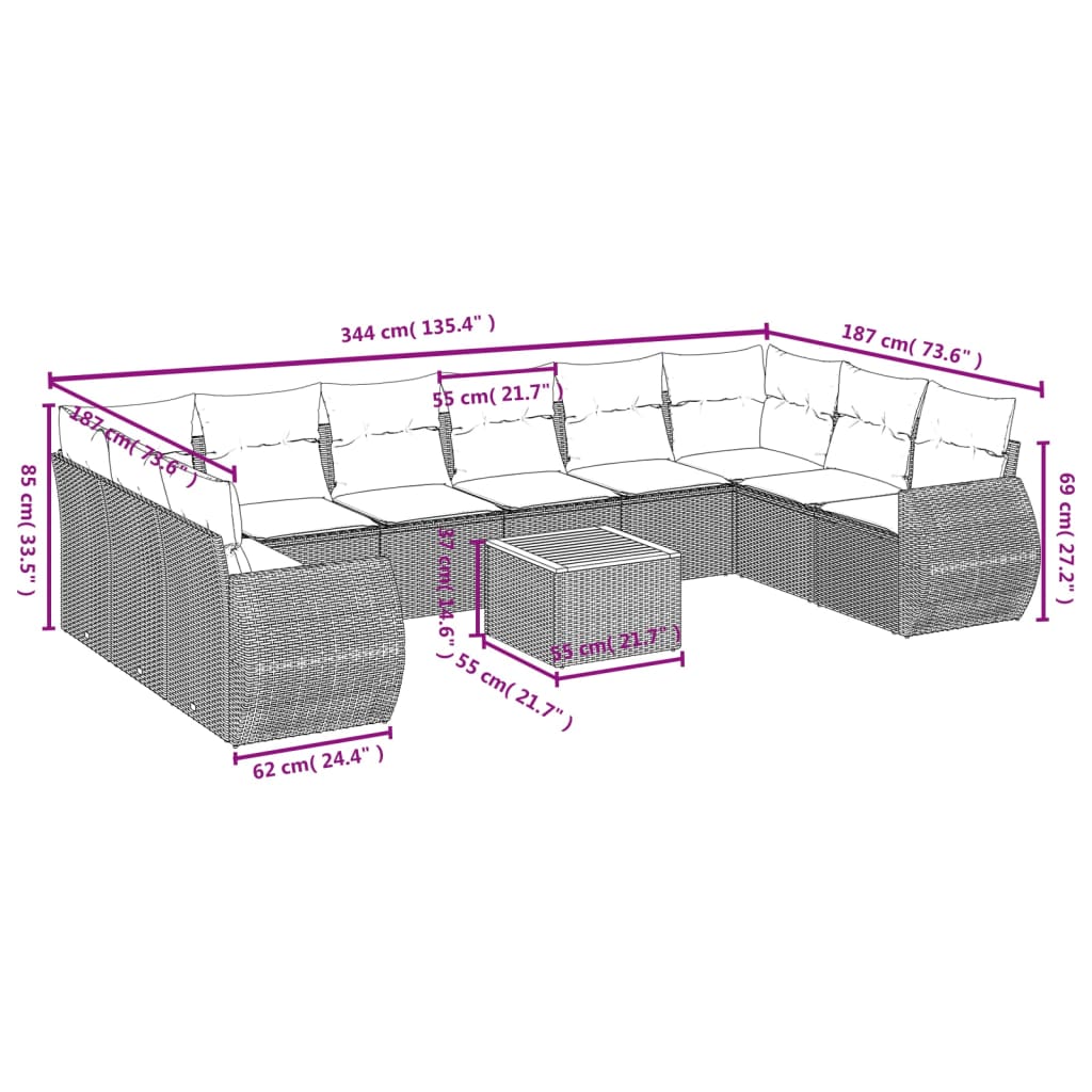 vidaXL 11-delige Tuinset met kussens poly rattan beige