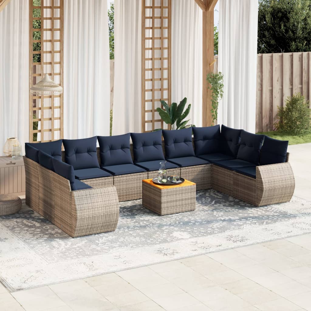 vidaXL 11-teiliges Gartensofa-Set mit Kissen, grau, Polyrattan