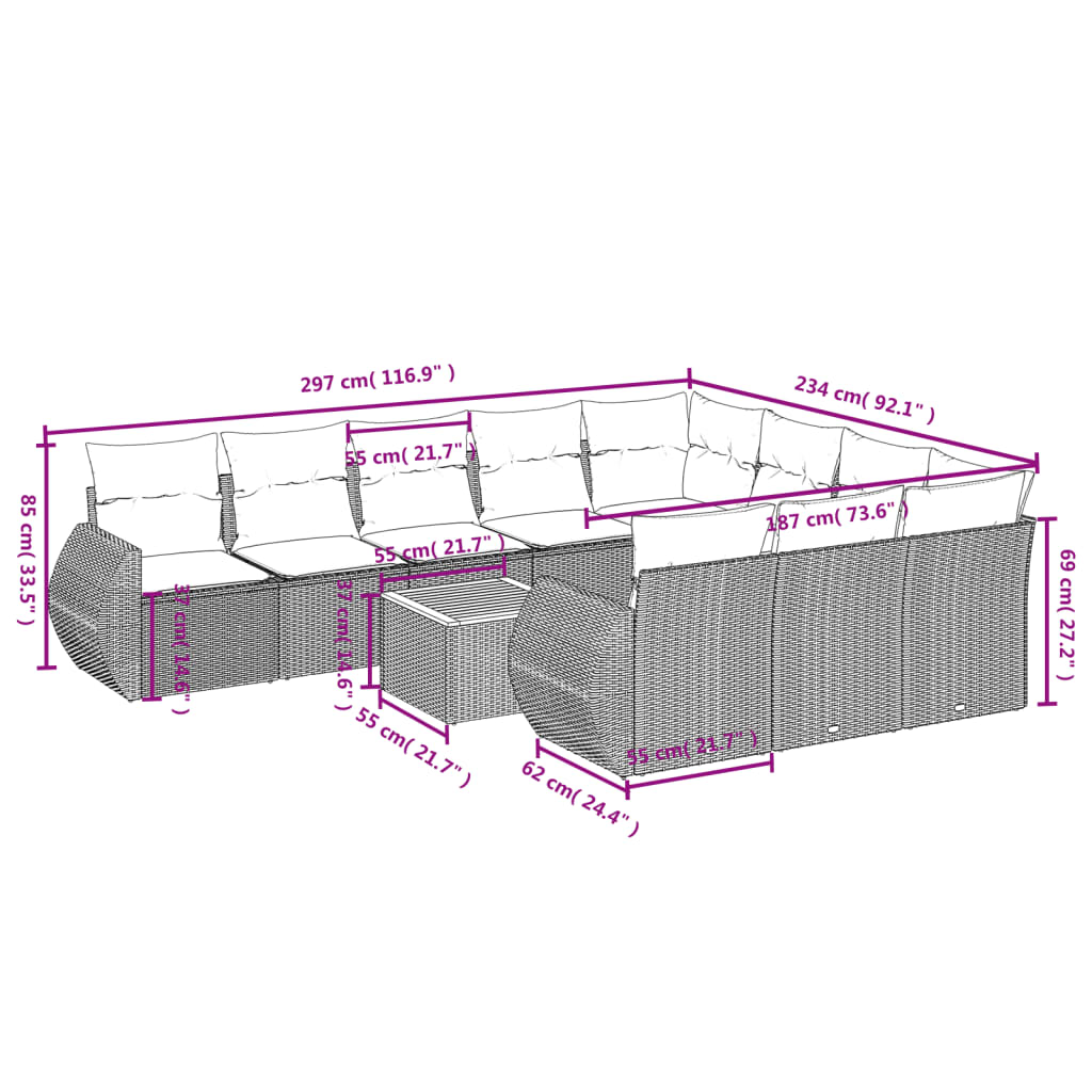 vidaXL 11-delige Tuinset met kussens poly rattan beige