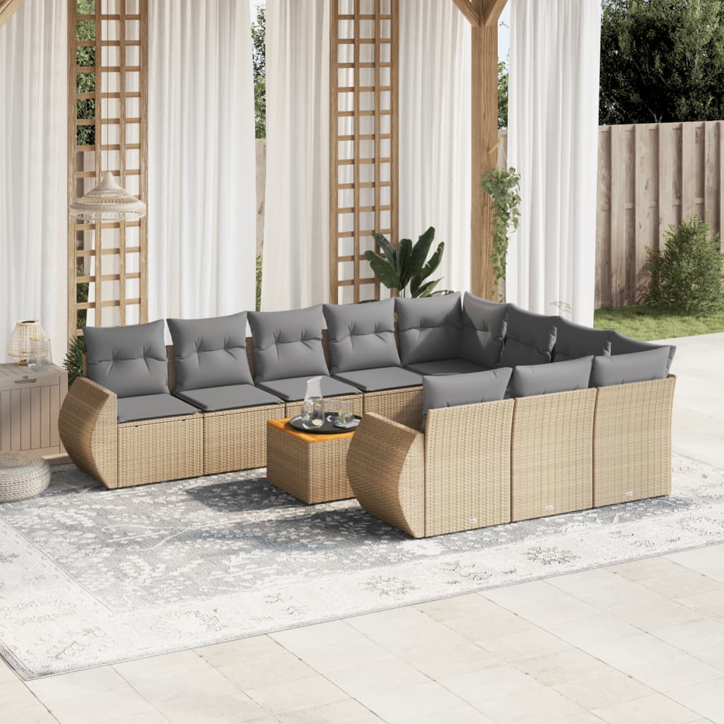 vidaXL 11-tlg. Garten-Sofagarnitur mit Kissen Beige Poly Rattan