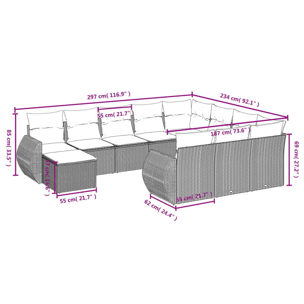 vidaXL 11-delige Loungeset met kussens poly rattan zwart