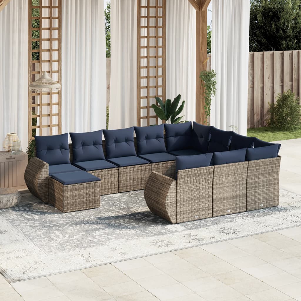 vidaXL 11-teiliges Gartensofa-Set mit Kissen, grau, Polyrattan