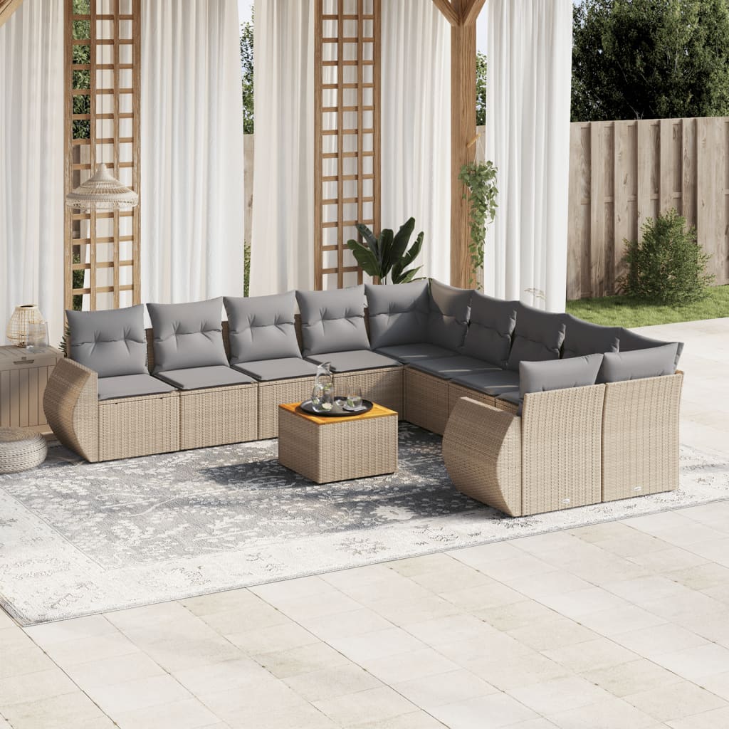 vidaXL 11-tlg. Garten-Sofagarnitur mit Kissen Beige Poly Rattan