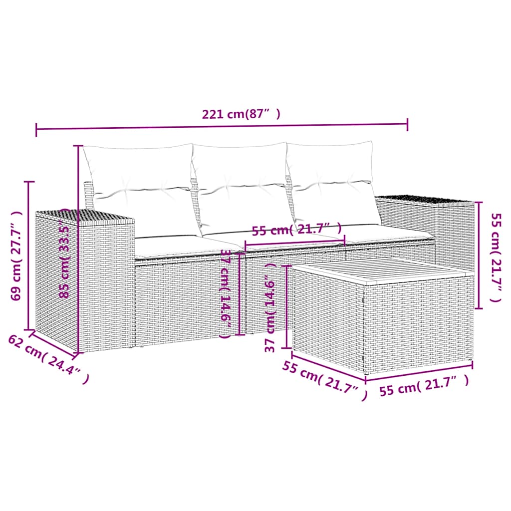 Set mobilier de grădină cu perne, 4 piese, negru, poliratan 3225313 - imagine 3