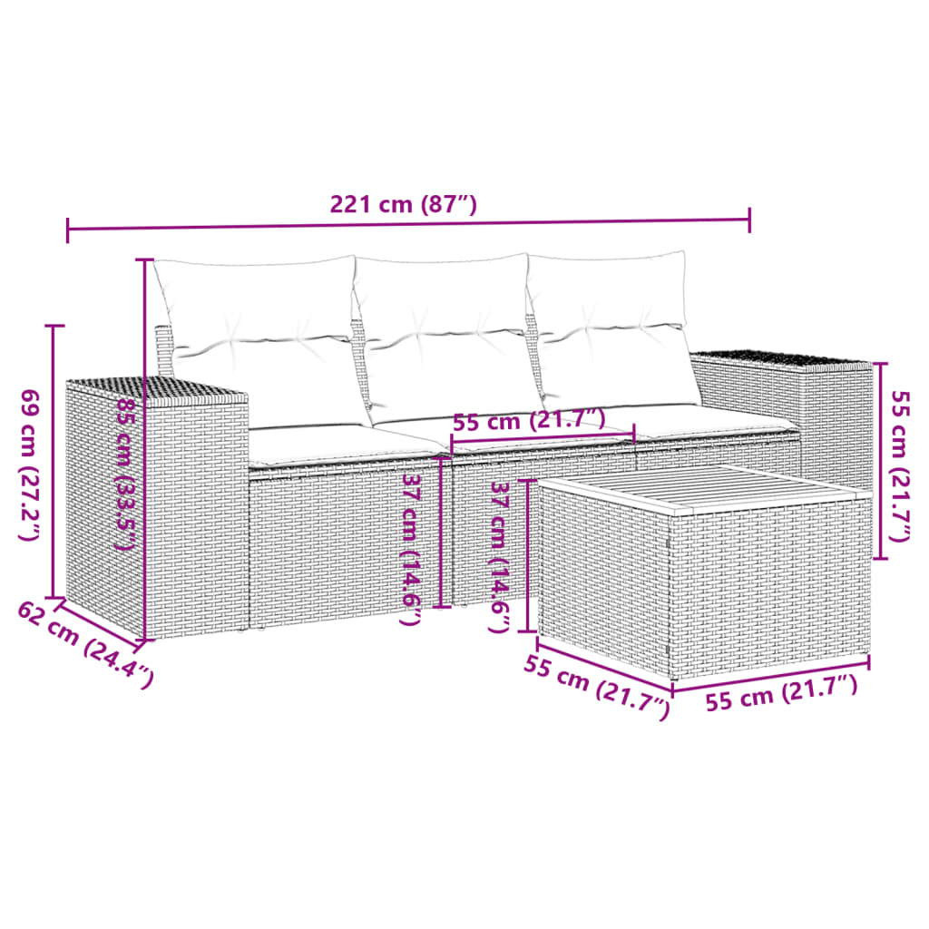 Set mobilier de grădină cu perne, 4 piese, negru, poliratan 3225314 - imagine 3