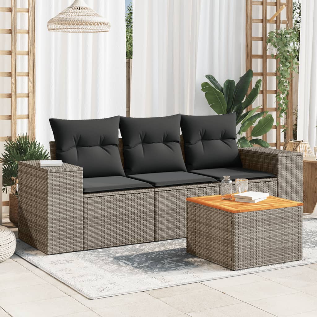 4-tlg. Garten-Sofagarnitur mit Kissen Grau Poly Rattan