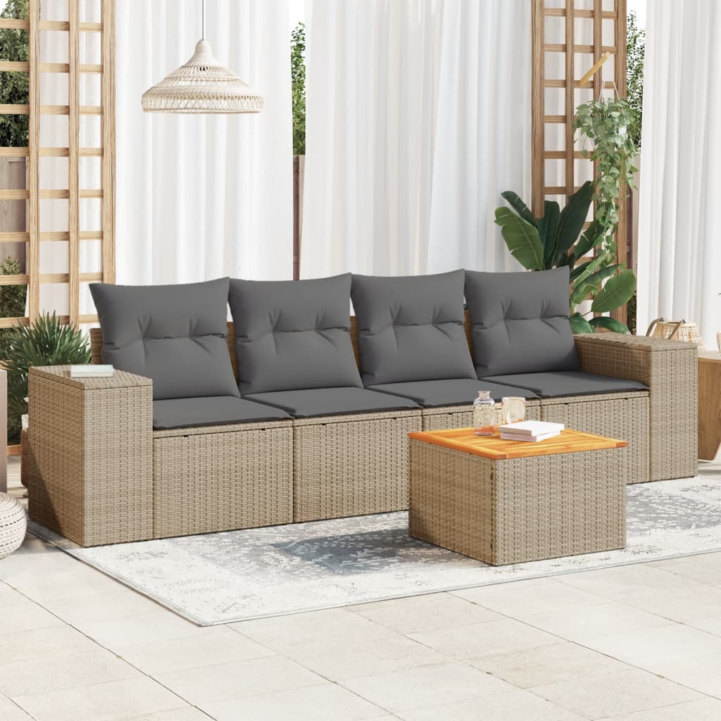 vidaXL 5-tlg. Garten-Sofagarnitur mit Kissen Beige Poly Rattan