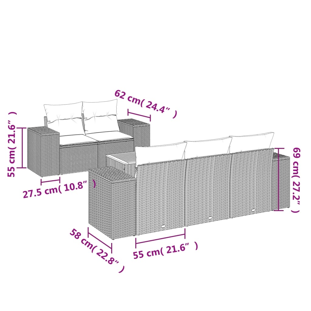 vidaXL 6-delige Loungeset met kussens poly rattan zwart afbeelding
