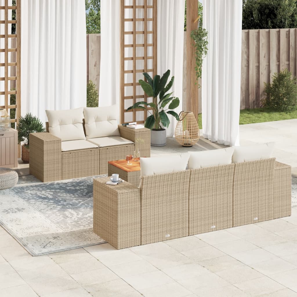 vidaXL 6-tlg. Garten-Sofagarnitur mit Kissen Beige Poly Rattan