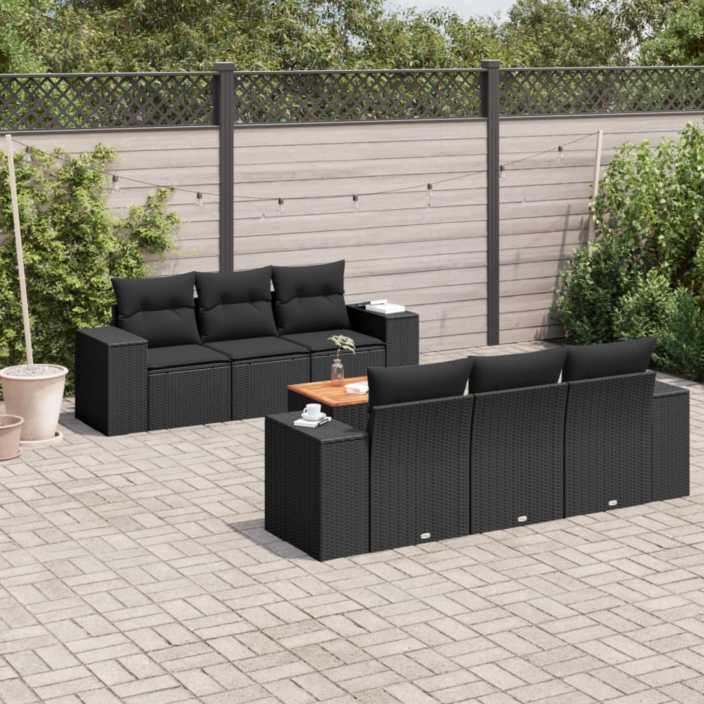 vidaXL 7-tlg. Garten-Sofagarnitur mit Kissen Schwarz Poly Rattan