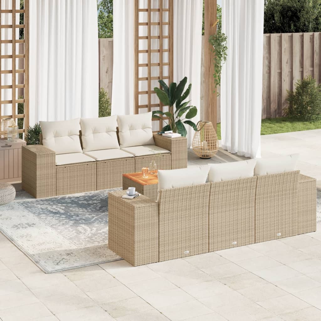 vidaXL 7-tlg. Garten-Sofagarnitur mit Kissen Beige Poly Rattan