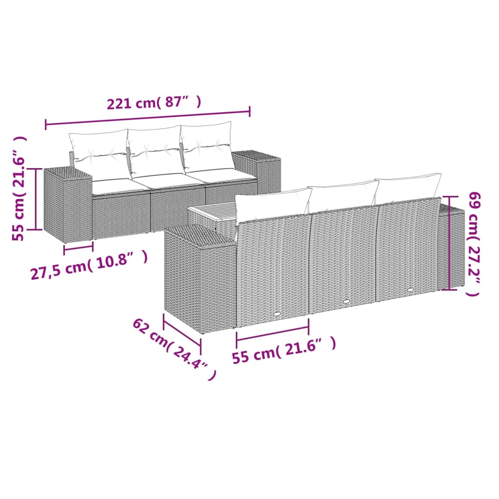 vidaXL 7-delige Loungeset met kussens poly rattan grijs afbeelding