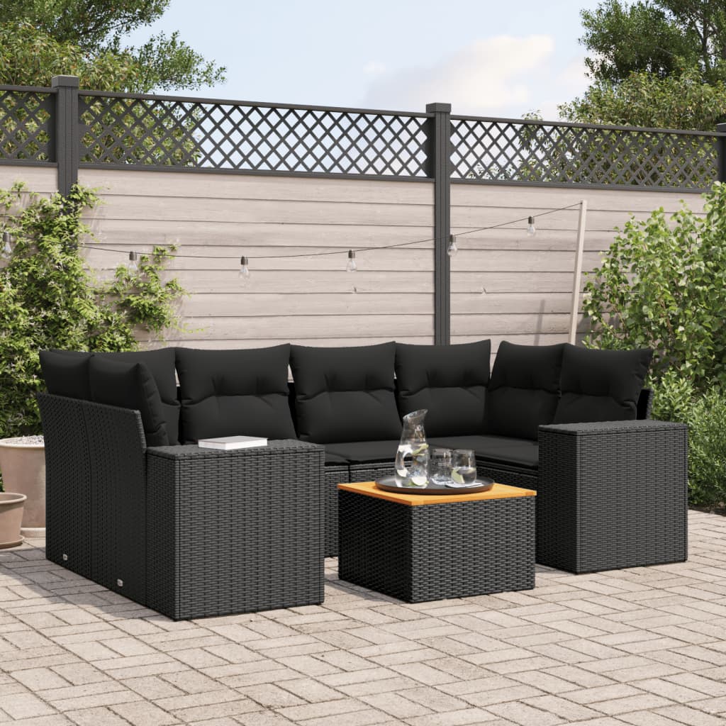 7-tlg. Garten-Sofagarnitur mit Kissen Schwarz Poly Rattan