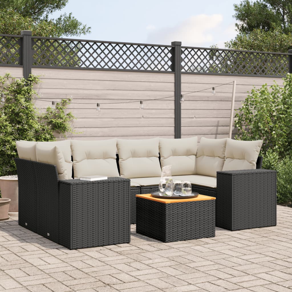 vidaXL 7-tlg. Garten-Sofagarnitur mit Kissen Schwarz Poly Rattan