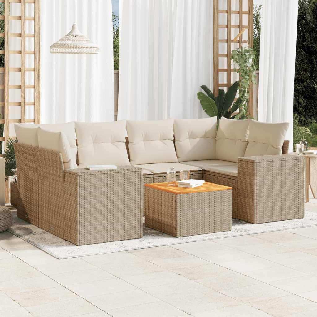 vidaXL 7-tlg. Garten-Sofagarnitur mit Kissen Beige Poly Rattan