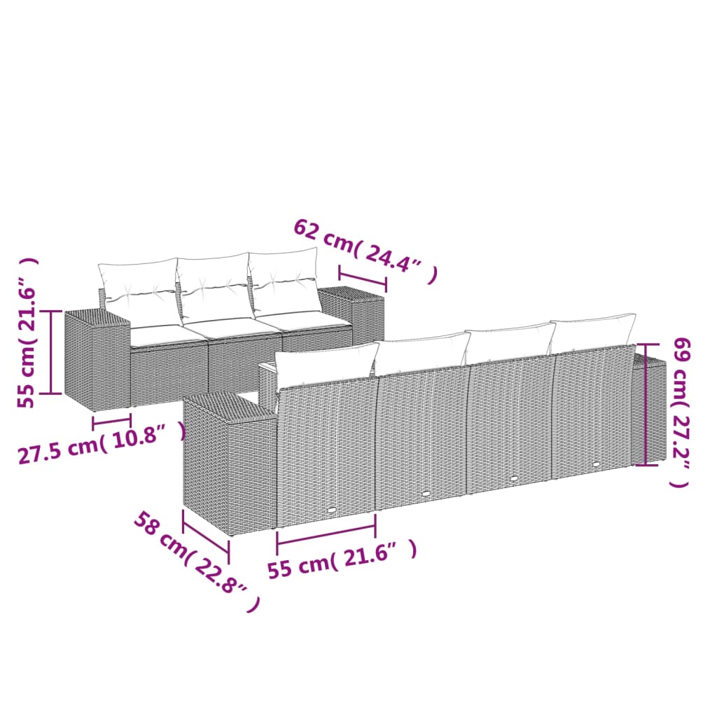 vidaXL 8-delige Loungeset met kussens poly rattan zwart afbeelding