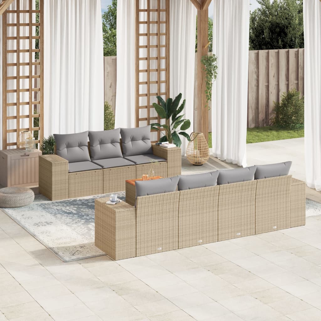 8-tlg. Garten-Sofagarnitur mit Kissen Beige Poly Rattan