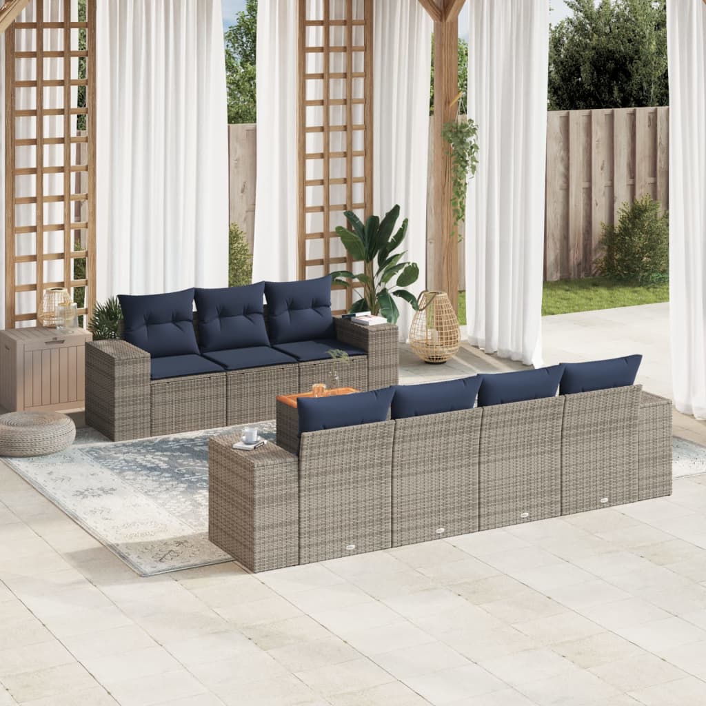 Set de sofás de jardín 8 pzas con cojines ratán sintético gris