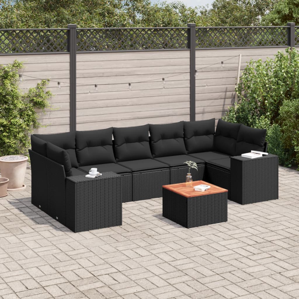 vidaXL 8-tlg. Garten-Sofagarnitur mit Kissen Schwarz Poly Rattan