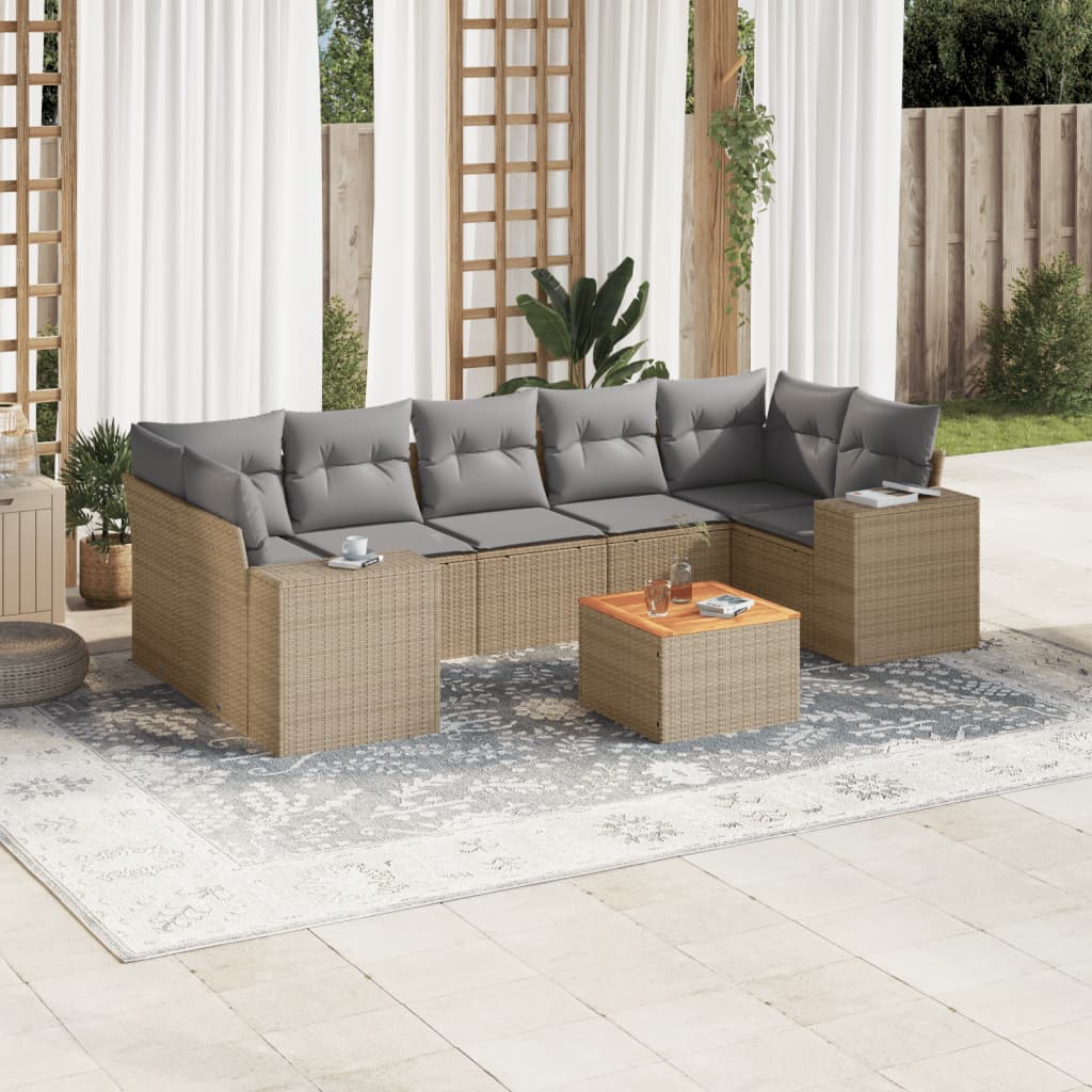 vidaXL 8-tlg. Garten-Sofagarnitur mit Kissen Beige Poly Rattan