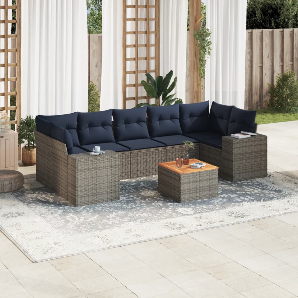 Set de sofás de jardín 8 pzas con cojines ratán sintético gris